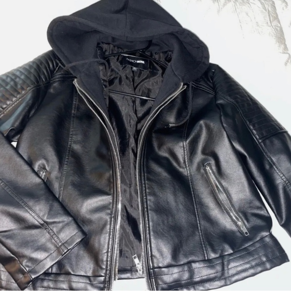 Fashion Nova, leather jacket with hoodie